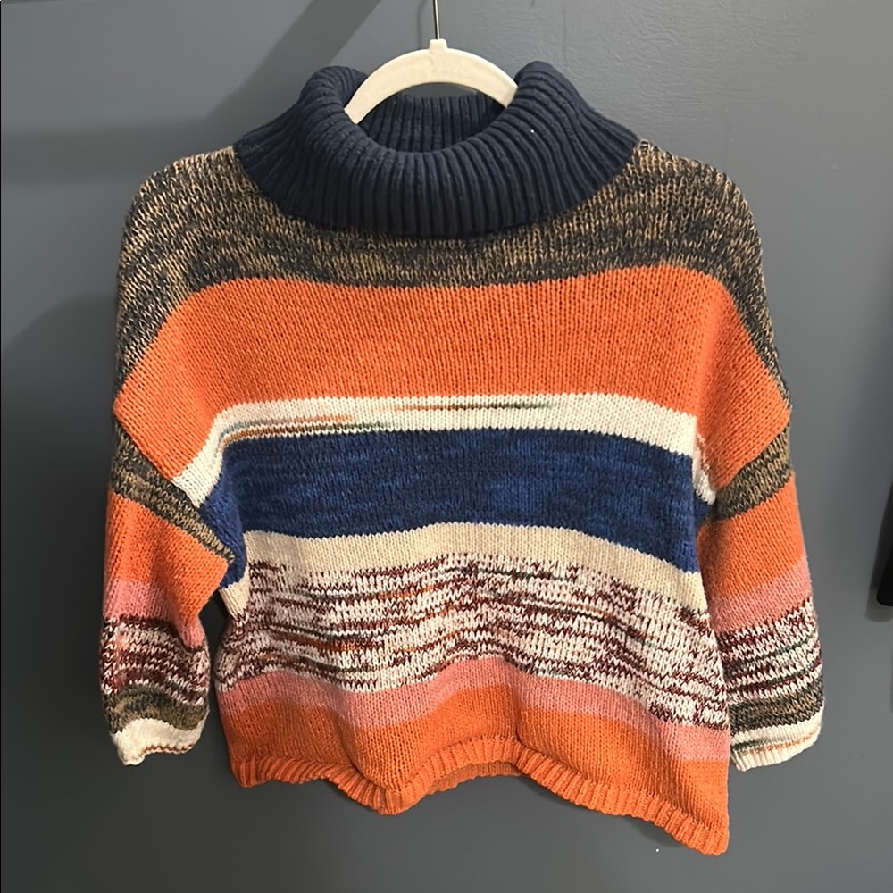 Knox Rose Orange and Blue Turtleneck Sweater with Color-Block Stripes